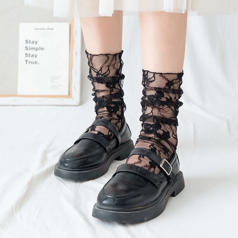 Damen Spitze Netz Socken Blumenmuster Durchsichtig Atmungsaktiv Japanischer JK Lolita Stil Transparente Wadenhohe Socken