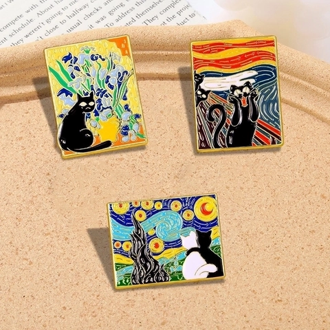 Spilla Smaltata Gatto Artistico Pin Lega Di Zinco Parodia Di Famosi Dipinti Ad Olio Distintivo Risvolto Accessorio Moda