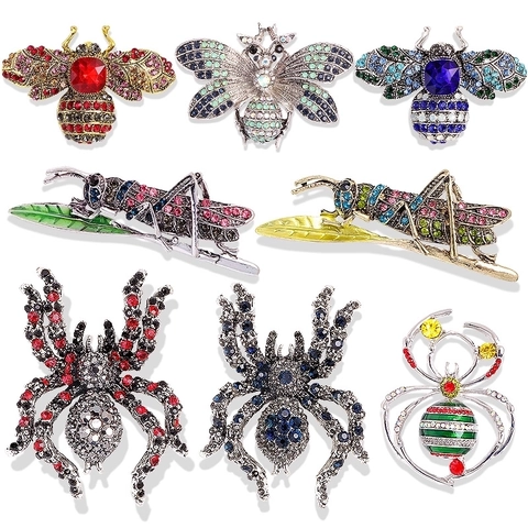 Vintage Alloy Rhinestone Animal Brooches Bee Grasshopper Spider Shape Pins For Women Men Coat Accessory Fashion Jewelry