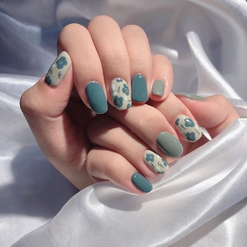 Morandi Gray Blue Flower Press On Nails Glossy Square Round Fake Nails French Style Elegant Manicure For Women