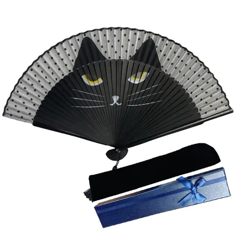Japanese Style Folding Fan Handheld Bamboo Linen Cloth Cute Cat Face Pattern Polka Dots With Tassel Gift For Women
