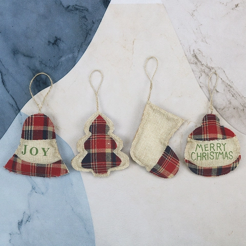 Christmas Burlap Plaid Fabric Hanging Ornaments Rustic Tree Sock Bell Ball Shape For Holiday Party Christmas Tree Decor