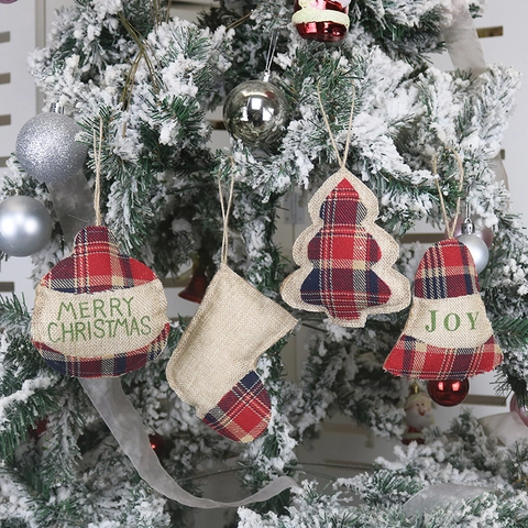 Christmas Burlap Plaid Fabric Hanging Ornaments Rustic Tree Sock Bell Ball Shape For Holiday Party Christmas Tree Decor