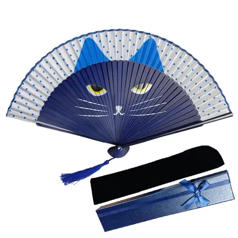 Abanico Plegable Estilo Japonés Gato Dibujos Animados Lino Bambú Abanico Portátil Con Borla Patrón de Lunares Para Mujer Regalo