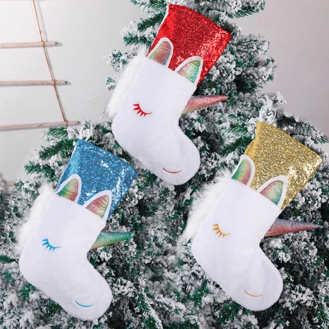 Calza Di Natale Forma Unicorno Peluche Paillettes Sacco Regalo Appeso Per Decorazione Casa Festa Vacanze Cartone Animato