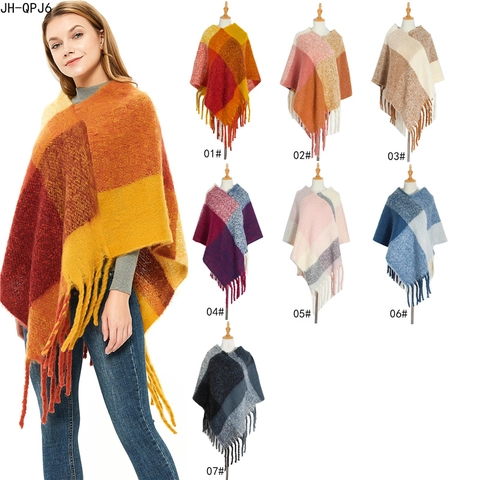 Damen Poncho Cape Mit Karomuster Und Fransen Weicher Strick Warm Herbst Winter Wickelschal