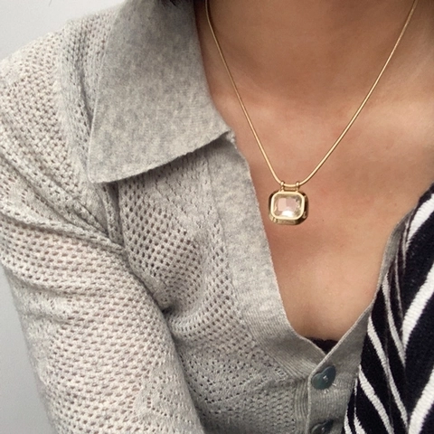 Collar Con Colgante De Circonita Cuadrada Acero De Titanio Francés Vintage Geométrico Cadena De Serpiente Joyería Elegante Para Mujer