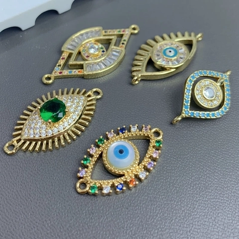 Evil Eye Zircon Connectors Pendants 18K Gold Plated Copper Jewelry Making Accessories For DIY Bracelets Necklaces