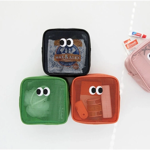 Cute Big Eyes Mesh Makeup Bag PVC Oxford Cloth Transparent Travel Cosmetic Pouch Portable Organizer Zippered Storage Case