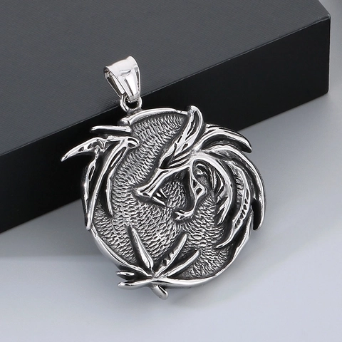 Men Retro Dragon Pendant Necklace Titanium Steel Coiled Dragon Head Ethnic Punk Gothic Hip Hop Jewelry