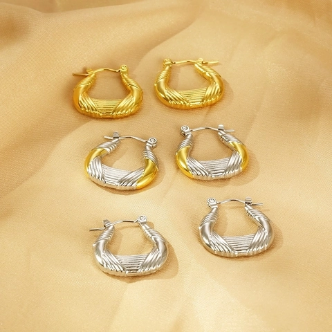 Pendientes de Aro en Forma de U de Acero Inoxidable Chapado en Oro de 18K para Mujer Joyas de Moda de Croissant con Textura Espiral Minimalista