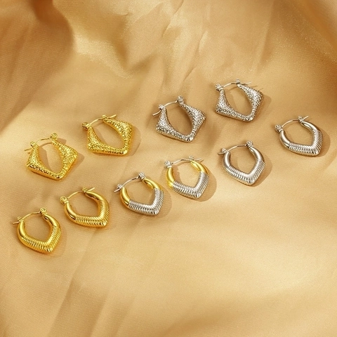 Pendientes De Aro Geométricos Acero Inoxidable Textura Martillada Patrón Acanalado Rombo Forma Corazón Diseño Para Mujer