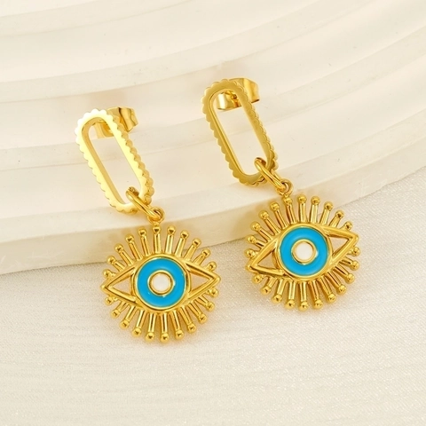 Evil Eye Drop Earrings 18K Gold Plated Stainless Steel Enamel Sunburst Dangle Bohemian Fashion Jewelry For Women