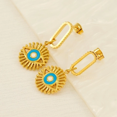 Evil Eye Drop Earrings 18K Gold Plated Stainless Steel Enamel Sunburst Dangle Bohemian Fashion Jewelry For Women
