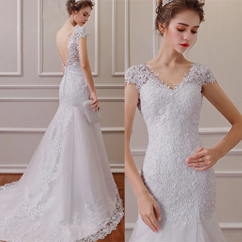 Vestido De Novia Sirena Blanco Encaje Lentejuelas Espalda Descubierta Cuello En V Bordado Floral Con Cola Larga Elegante