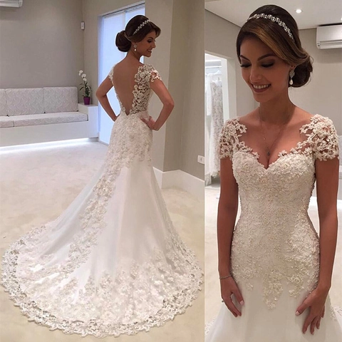 Vestido De Novia Sirena Blanco Encaje Lentejuelas Espalda Descubierta Cuello En V Bordado Floral Con Cola Larga Elegante