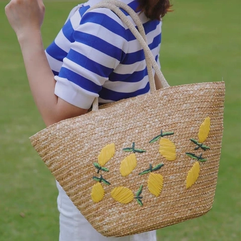 Bolso De Hombro Tejido A Mano De Paja Con Bordado De Limón Gran Capacidad Bolso Cubo De Playa De Verano Para Mujeres