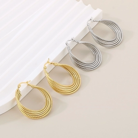 U Shaped Hoop Earrings Stainless Steel 18K Gold Plated Twisted Multi Layer Rope Texture Geometric Elegant For Women