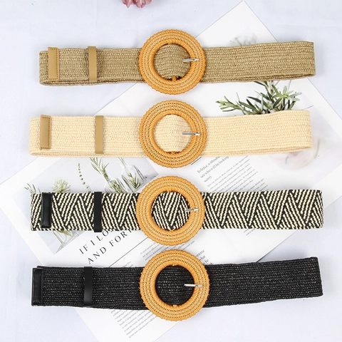 Women Woven PP Straw Belt With Round Square Wood Look Buckle Bohemian Elastic Waist Belt For Dress Beach Decorative Belt