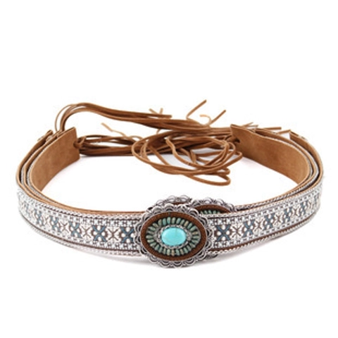 Western Cowboy Hat Band Bohemian Ethnic Woven Leather Belt With Bull Skull Turquoise Beads DIY Adjustable Accessory