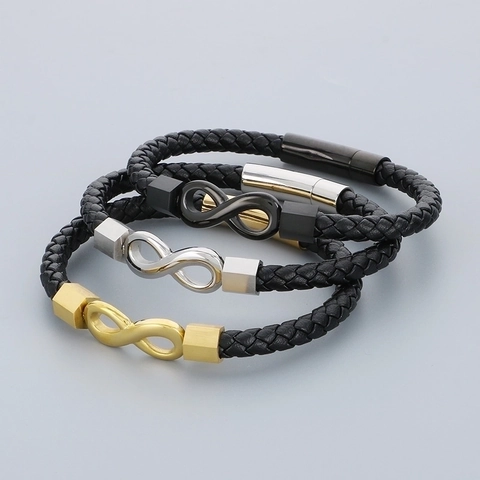 Bracciale Pelle Intrecciata Acciaio Inossidabile Simbolo Infinito Chiusura Magnetica Stile Punk Gioielli Moda Uomo