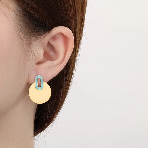 Modern Stainless Steel Geometric Round Stud Earrings For Women Colorful Enamel Drip Oil Smooth Metal Earrings Jewelry