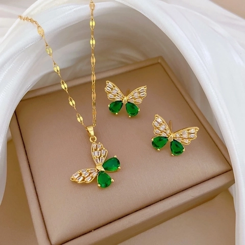 Hollow Butterfly Necklace And Earrings With Green White Zircon Titanium Steel Silver Earring Post Elegant Banquet Jewelry For Women