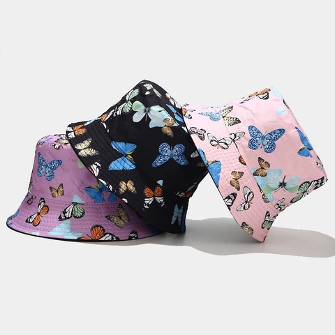 Cappello Alla Pescatora Con Stampa Farfalle Cotone Reversibile Protezione Solare Outdoor Estate Moda Donna
