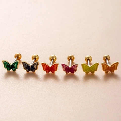 Butterfly Ear Bone Studs Stainless Steel Post Copper Enamel Colorful Screw Back Helix Piercing Earrings Women Sweet Jewelry