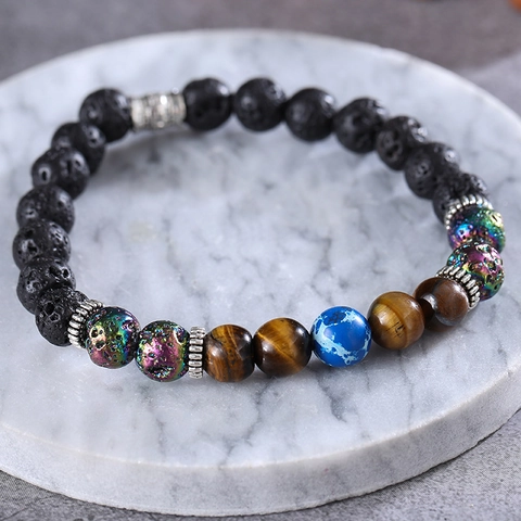 Men Beaded Bracelet Natural Lava Rock Tiger Eye Imperial Jasper Alloy Spacer Beads Energy Stone Jewelry