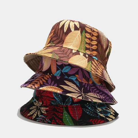 Cappello Da Pescatore Con Stampa Di Foglie Tropicali Reversibile Tela Protezione Solare Spiaggia Estate Esterna Tesa Larga Top Piatto
