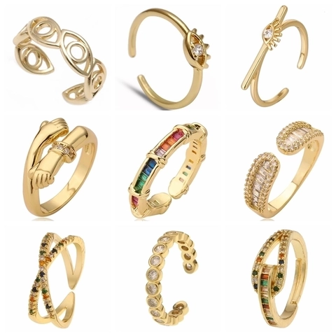 Luxury Copper Zirconia Open Ring For Women Gold Plated Multicolor Adjustable Geometric Inlaid Rainbow Gemstone Finger Ring