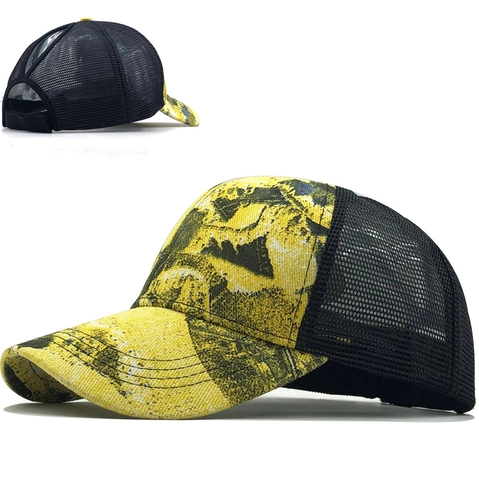 Ponytail Mesh Trucker Hat Distressed Geometric Camouflage Print Breathable Sun Protection Outdoor Adjustable Baseball Cap