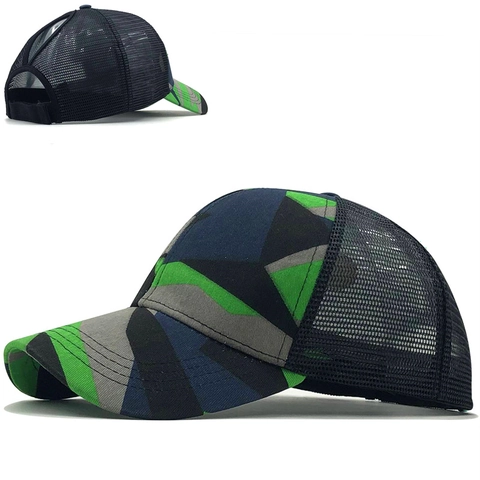 Ponytail Mesh Trucker Hat Distressed Geometric Camouflage Print Breathable Sun Protection Outdoor Adjustable Baseball Cap