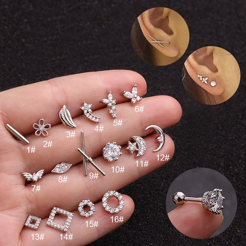 Stainless Steel Earring Post Zircon Butterfly Geometric Ball Screw Back Small Cartilage Tragus Piercing Jewelry