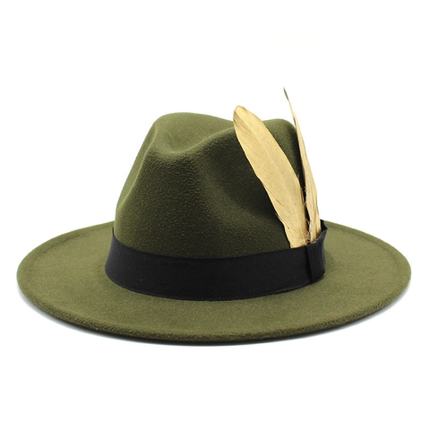 Wide Brim Fedora Hat Wool Felt Jazz Cap With Black Ribbon And Gold Feathers Vintage Luxury Style For Men Women