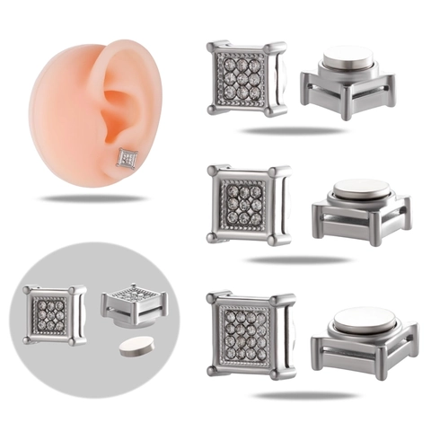 Magnetic Stud Earrings Stainless Steel Cubic Zirconia Non Piercing Square Round Fashion Jewelry For Women Men