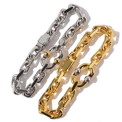 Bracciale a Catena in Rame con Maglie a U Industrial Punk Hip Hop Bicolore Oro Argento Gioielli per Uomo Donna