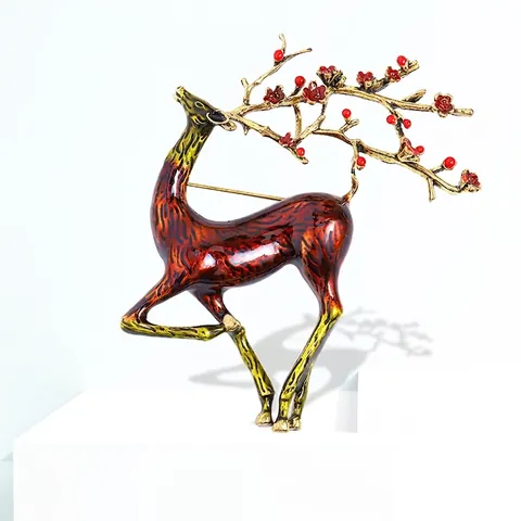 Broche de Alce de Esmalte de Aleación Vintage para Mujer Alfiler de Ciervo de Navidad Con Flores Rojas y Cornamenta Joyería