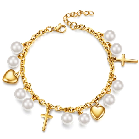 Bracciale Alla Moda In Acciaio Inossidabile Con Ciondoli A Croce Cuore E Künstliche Perle Sintetiche Gioielli Minimalisti Regolabili Per Donna
