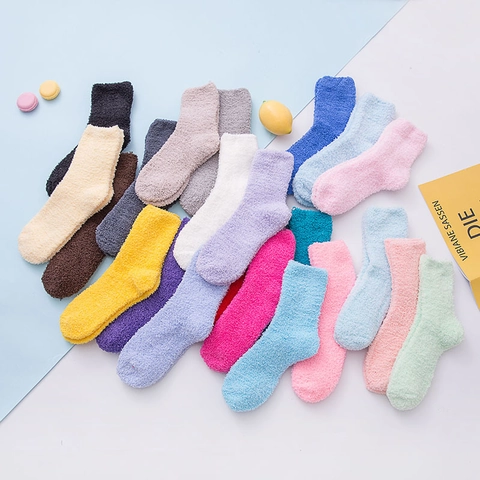 Women Solid Color Coral Fleece Socks Thick Warm Sleep Floor Socks For Winter Autumn Comfy Plush Fluffy Home Bed Socks