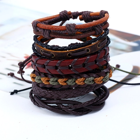 Retro Geflochtene Rindsleder Mehrlagige Armbänder Für Herren Punk Stil Gewebte Hanfseile Und Holzperlen Schmuck