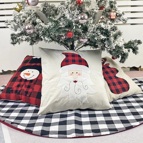 Funda De Almohada De Navidad Cuadros Buffalo Arpillera Funda De Cojín Papá Noel Reno Muñeco De Nieve Aplique Granja Decoración
