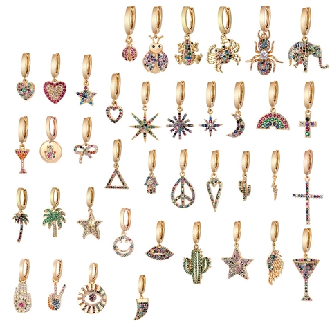 Bohemian Multi-color Zirconia Huggie Drop Earrings For Women Gold Plated Copper Pineapple Cactus Beetle Cross Pattern Jewelry