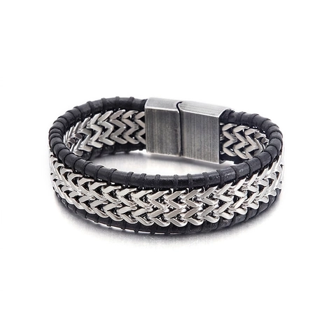 Herren Geflochtenes Armband Edelstahl Und Echtes Leder Gewebte Kette Mit Magnetverschluss Industrial Punk Stil Für Männer