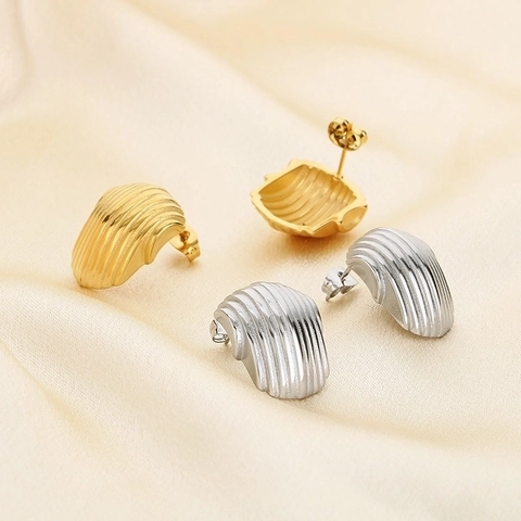 Pendientes De Botón De Acero Inoxidable Vintage Minimalista Geométrico Rayas Verticales Semicírculo Hueco Para Mujer