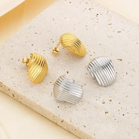 Pendientes De Botón De Acero Inoxidable Vintage Minimalista Geométrico Rayas Verticales Semicírculo Hueco Para Mujer