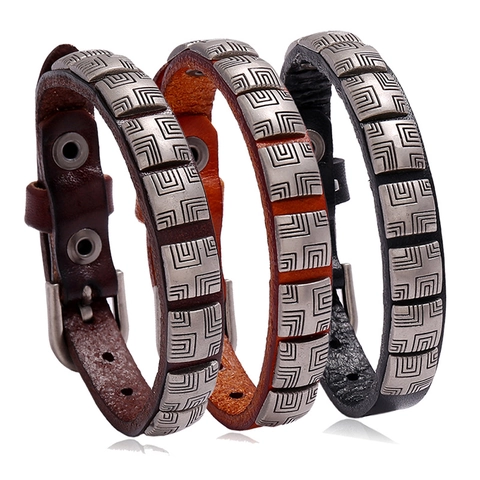 Bracciale In Pelle Di Vacchetta Vintage Punk Uomo Retro Regolabile Con Piastra In Metallo In Lega A Motivo Geometrico