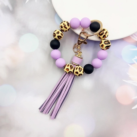 Fashion Silicone Beaded Keychain Wristlet For Women Leopard Print Wood Bead Keychain With Faux Leather Tassel Gold Metal Key Ring