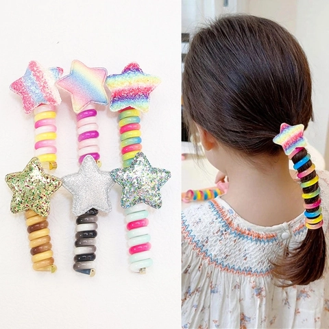 Coleteros En Espiral Con Estrella Para Niñas Brillo Lentejuelas Cable De Teléfono Arcoíris Plástico Pinzas Para El Pelo Elásticas